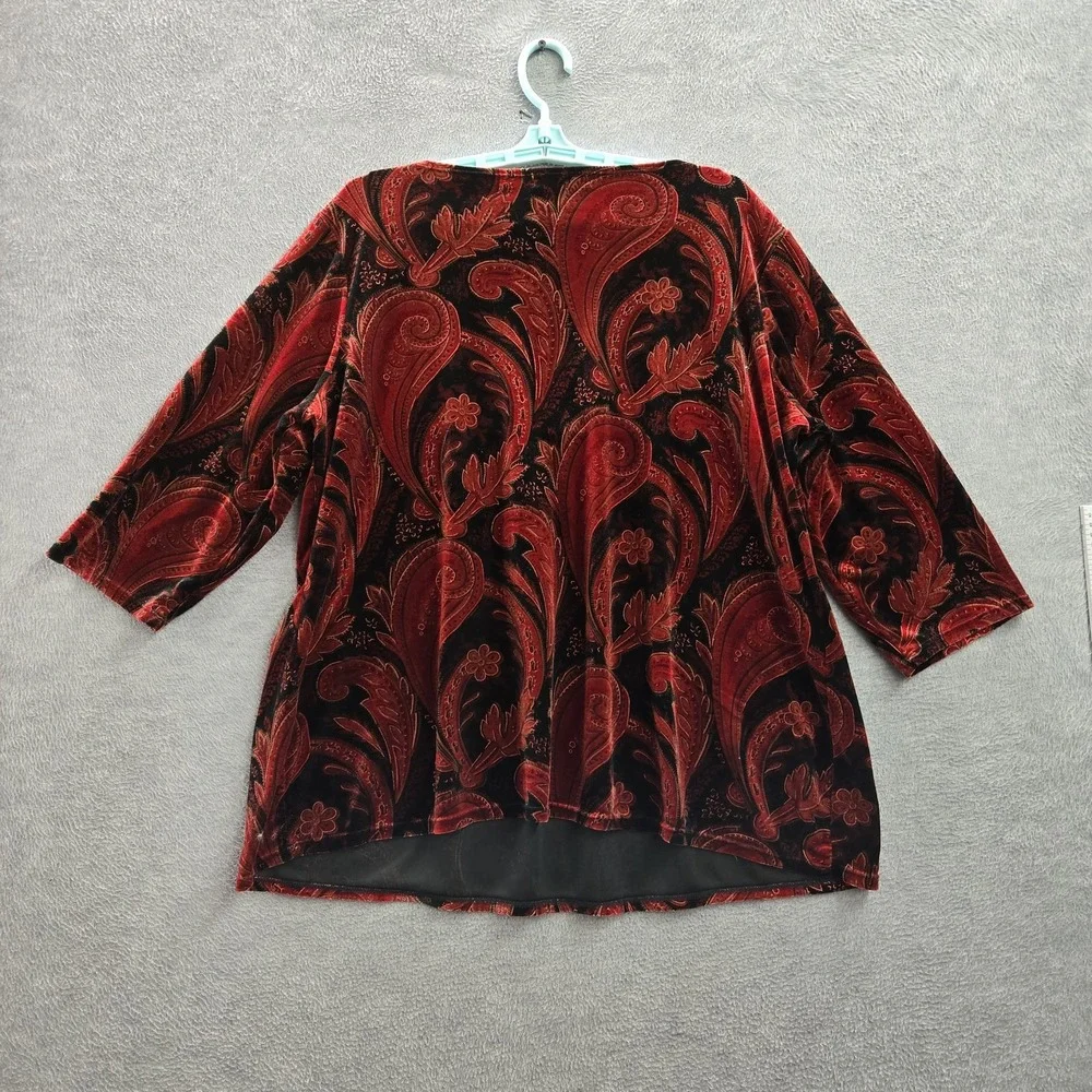 Notations‎ Women Blouse 3X Red Paisley Velvet Square Neck Pullover